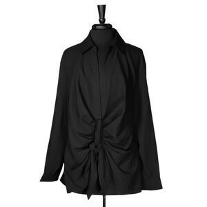 Eloquii Womens Shirt Button Up Black Ruched Tie Waist Surplice V-Neck Top 20 NWT